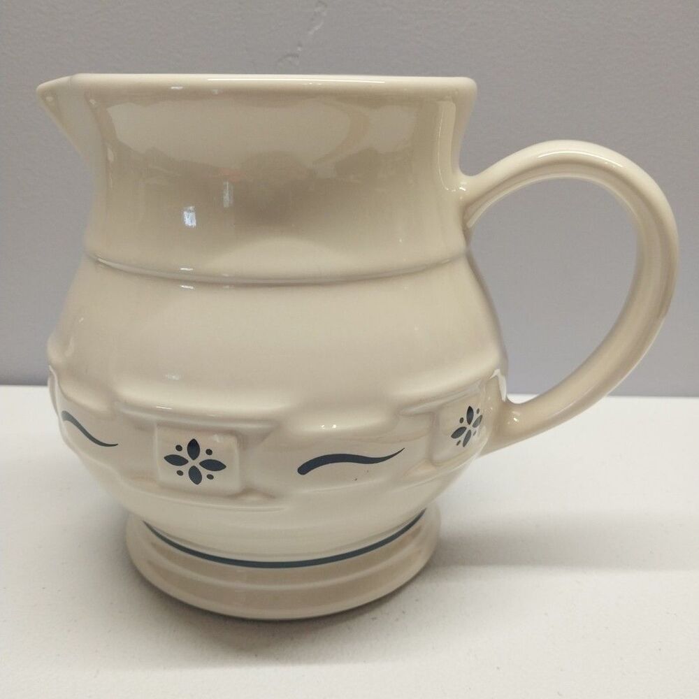 Longaberger Pottery Small Pitcher Woven Traditions Ivory Blue USA Stoneware 6"